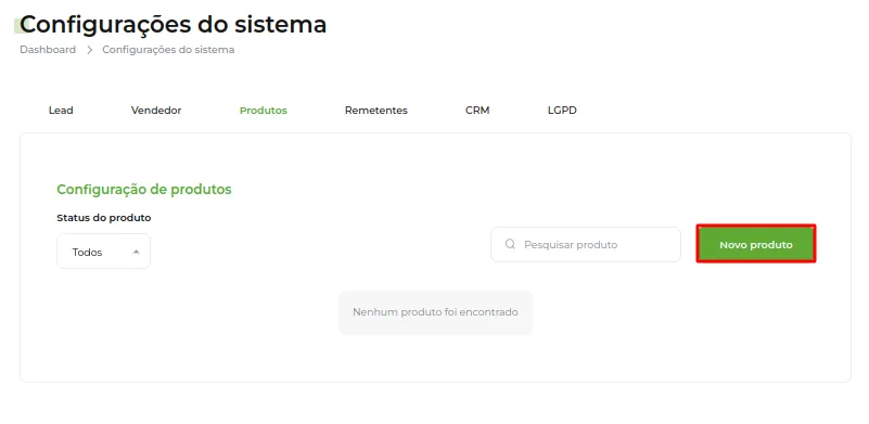 Aba Produtos com o botão Novo produto