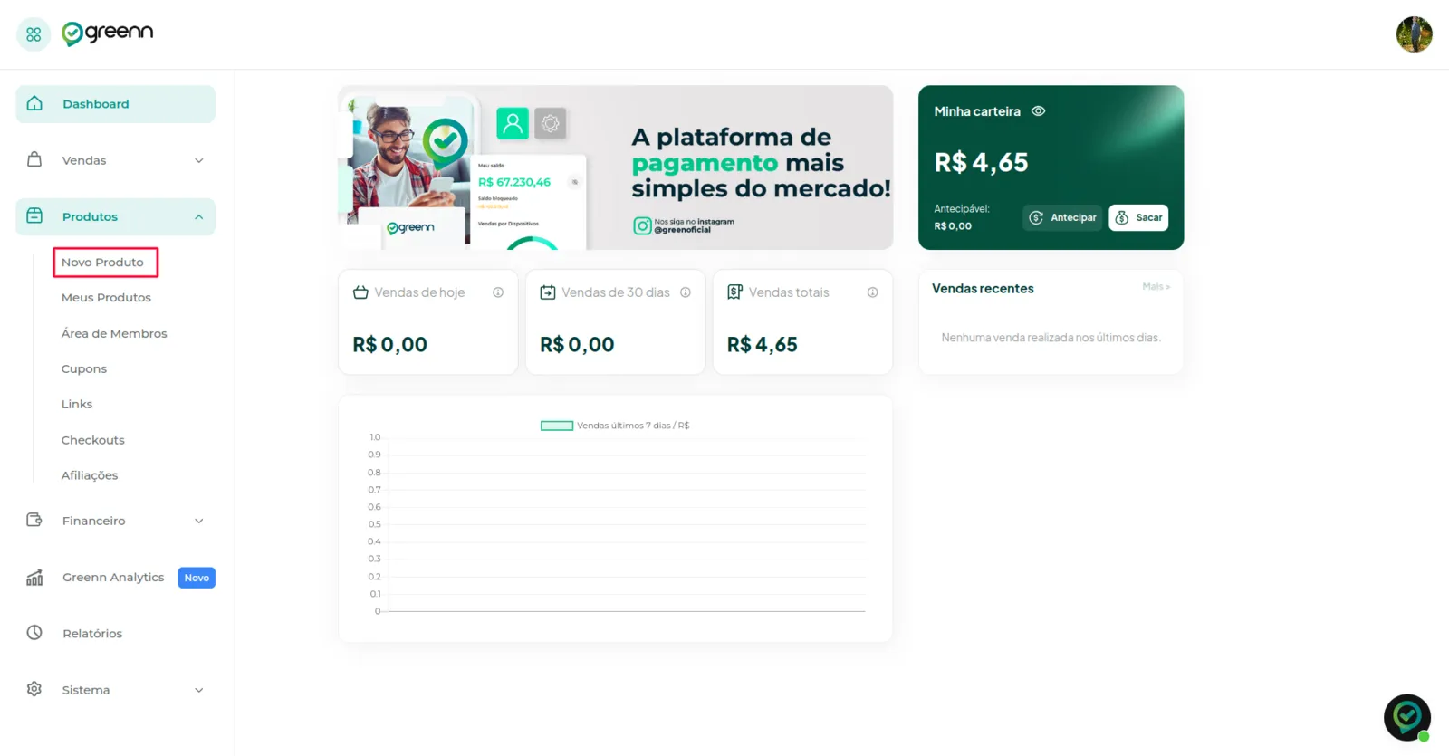 Menu Produtos com o botão Novo Produto