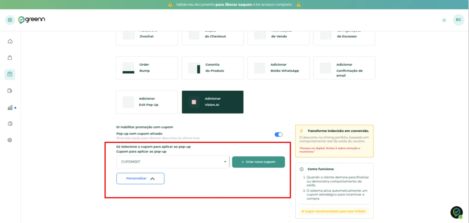 Opção Vision.AI ativada com o seletor de cupom