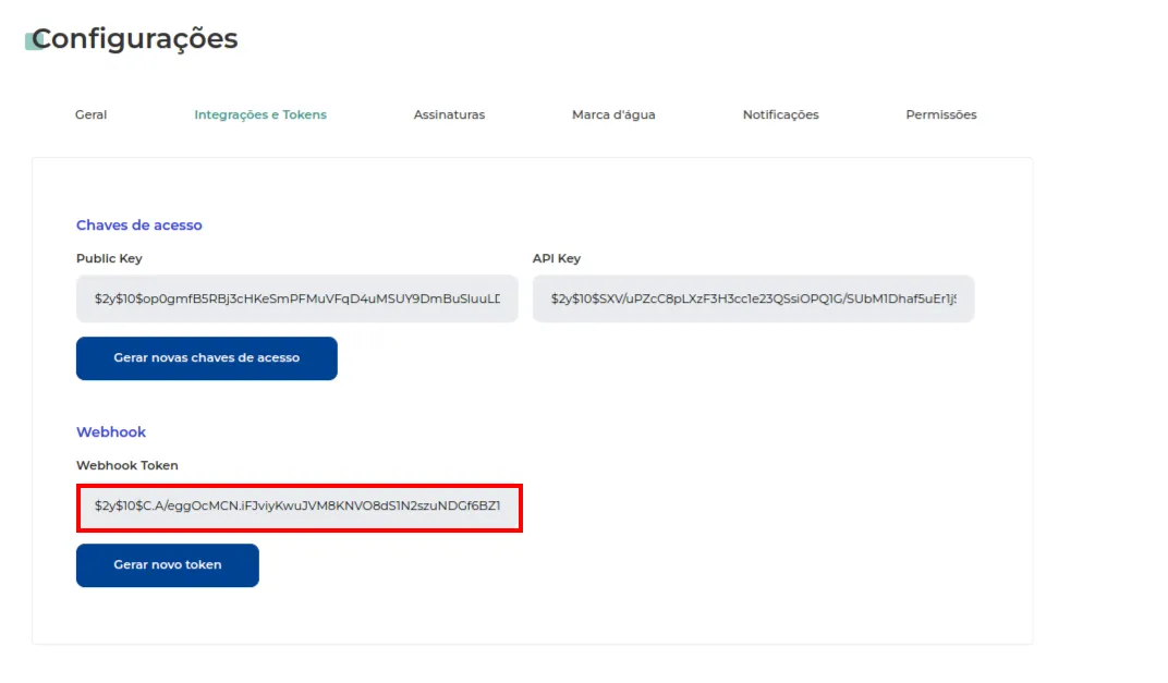 Webhook Token em Integrações e Tokens