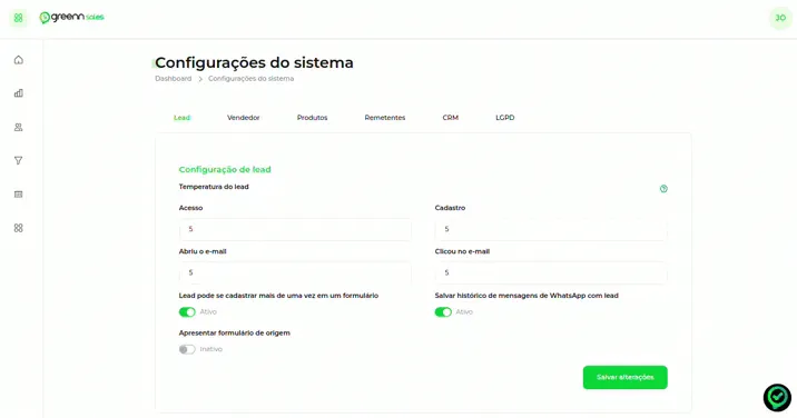 Aba Remetentes com o botão Novo Remetente