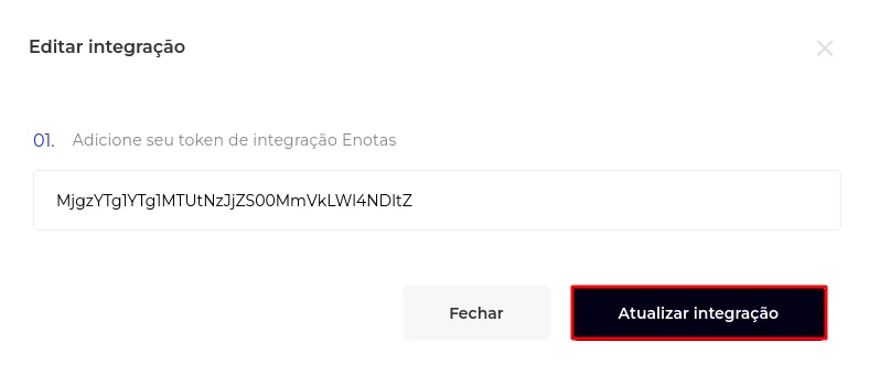 API Key colada com o botão Atualizar Integração