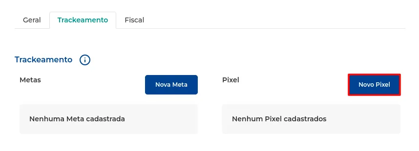 Botão Novo Pixel na aba Trackeamento