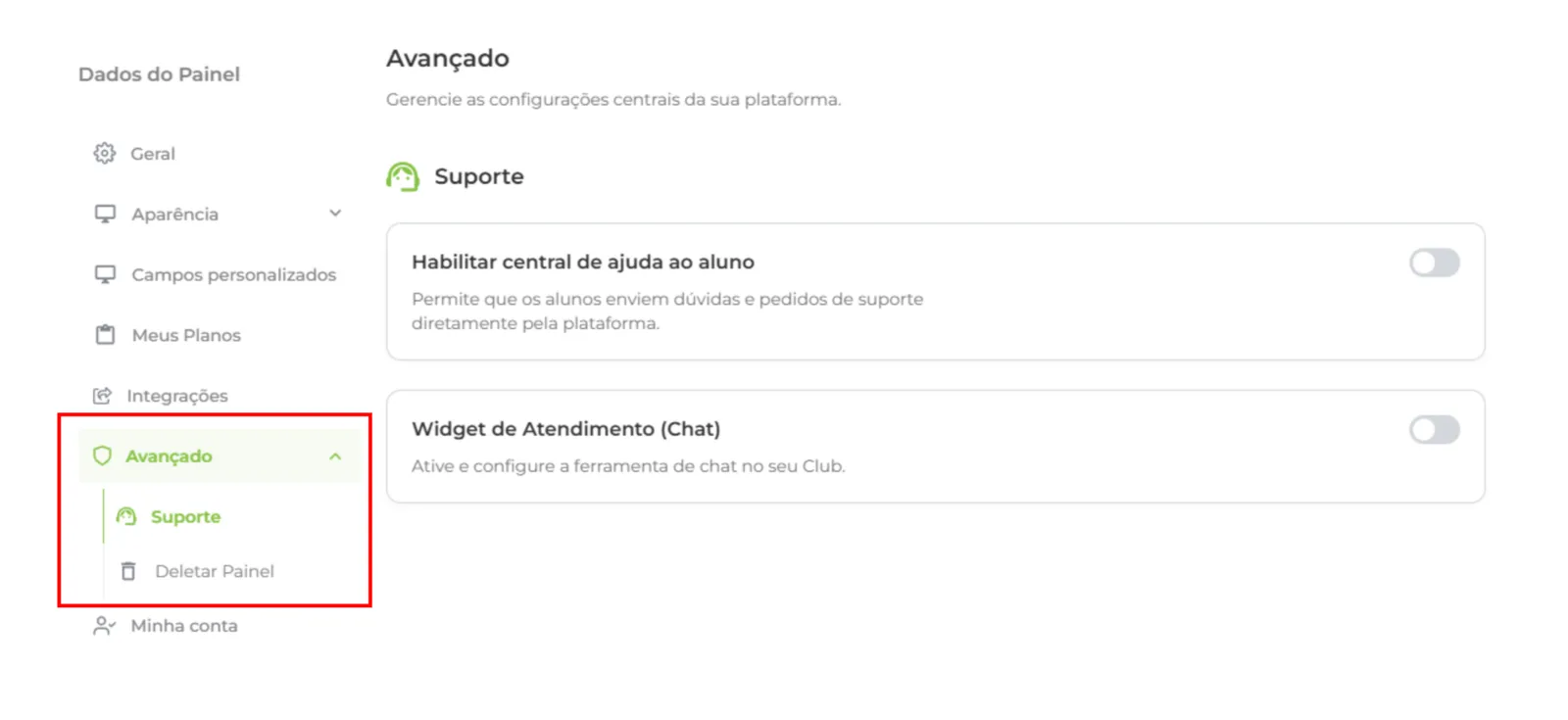 Aba Avançado com a opção Suporte