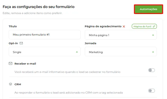Tela do passo: Dentro da edição do seu formulário da Greenn Sales Clique em Automações