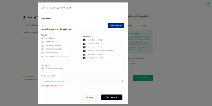 Gravação colando a URL e criando a liberação