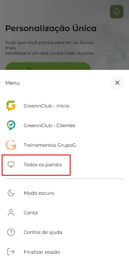 Opções Alterar entre Painéis e Todos os Painéis na aba Conta