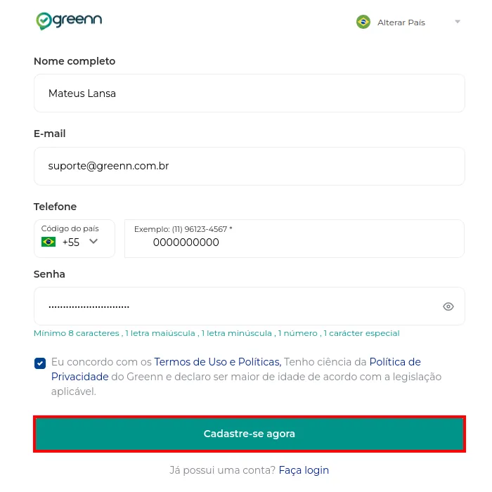 Botão Cadastre-se Agora no fim do formulário