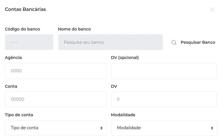 Formulário com os campos de dados bancários