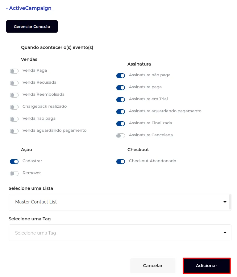 Botão Adicionar ao final da configuração
