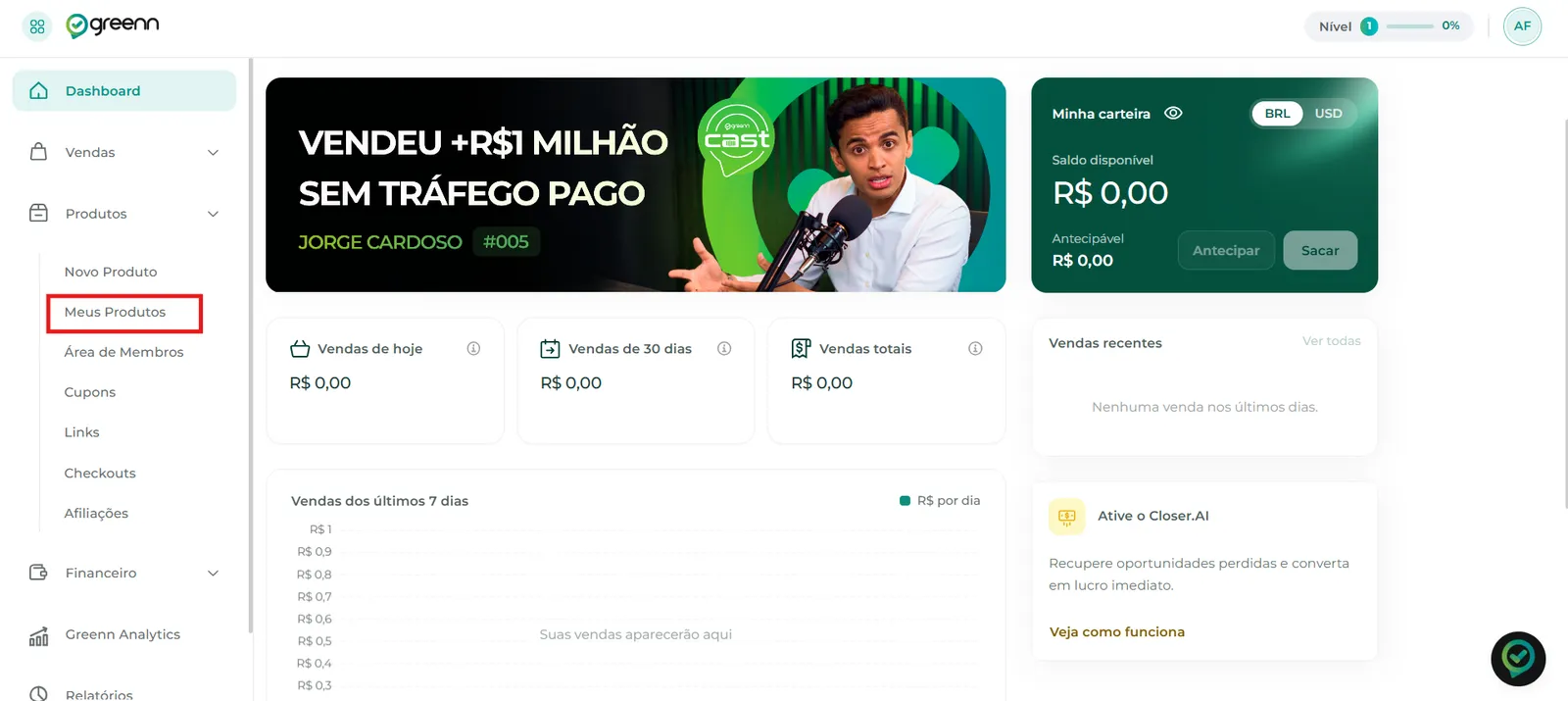 Menu Produtos com Meus produtos