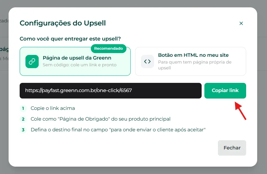 Link da página de upsell para copiar