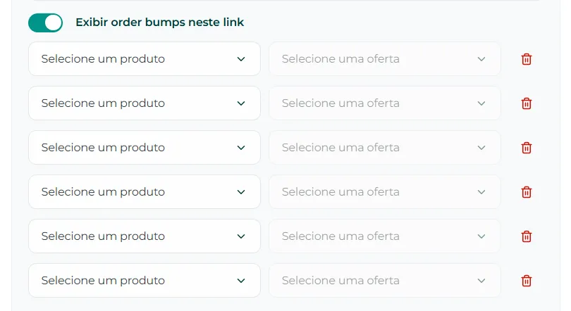 Seção Exibir order bumps neste link