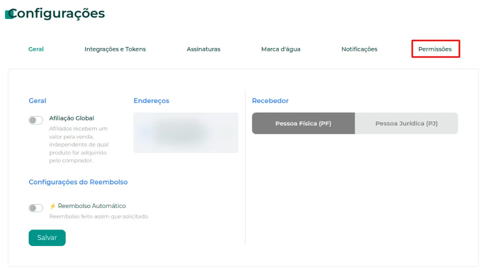 Tela de Controle de Acesso com a opção Permissões