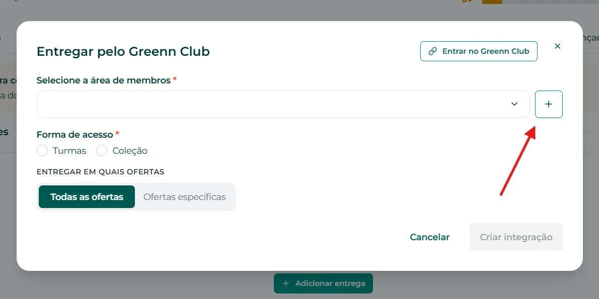 Botão + para criar a área de membros
