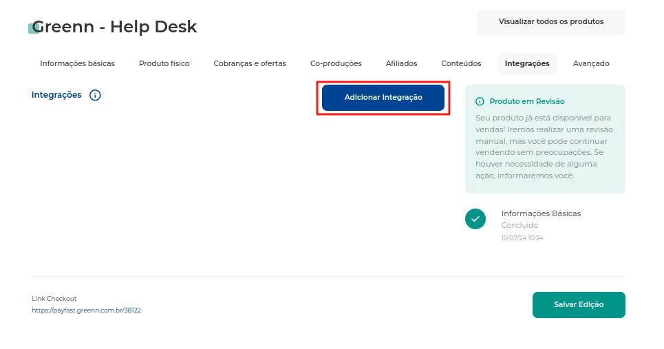 Tela de Integrações com o botão Adicionar Integração