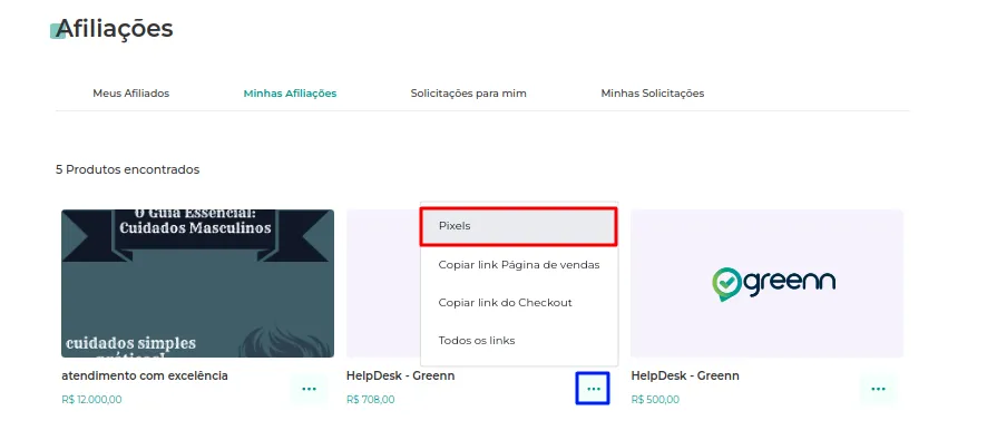 Menu de três pontinhos com a opção Pixels