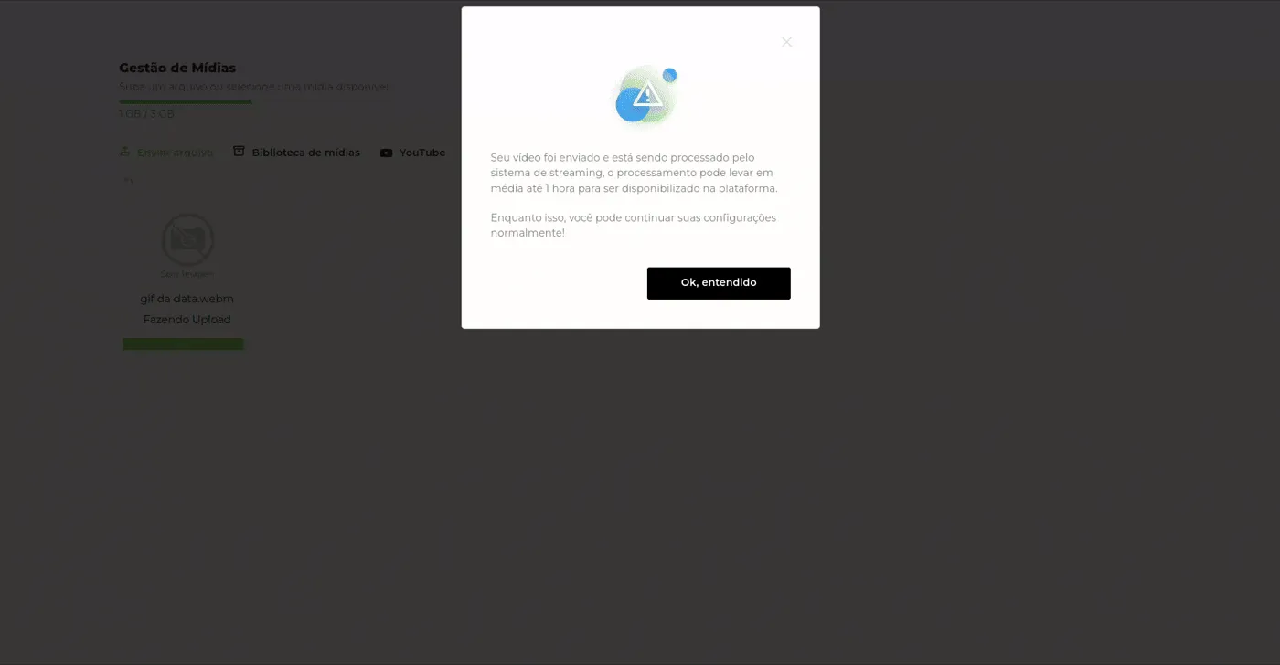 Gravação selecionando o vídeo enviado