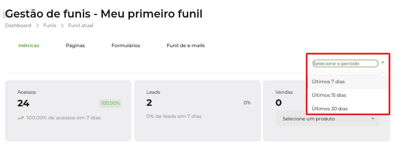 Tela da Greenn Sales: Você pode estar aplicando também filtros com datas específicas como nos últimos 7 dias,