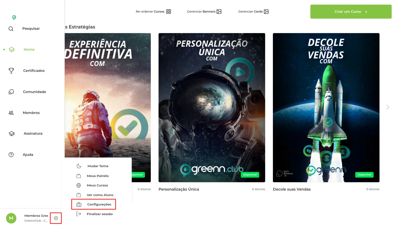 Menu Configurações