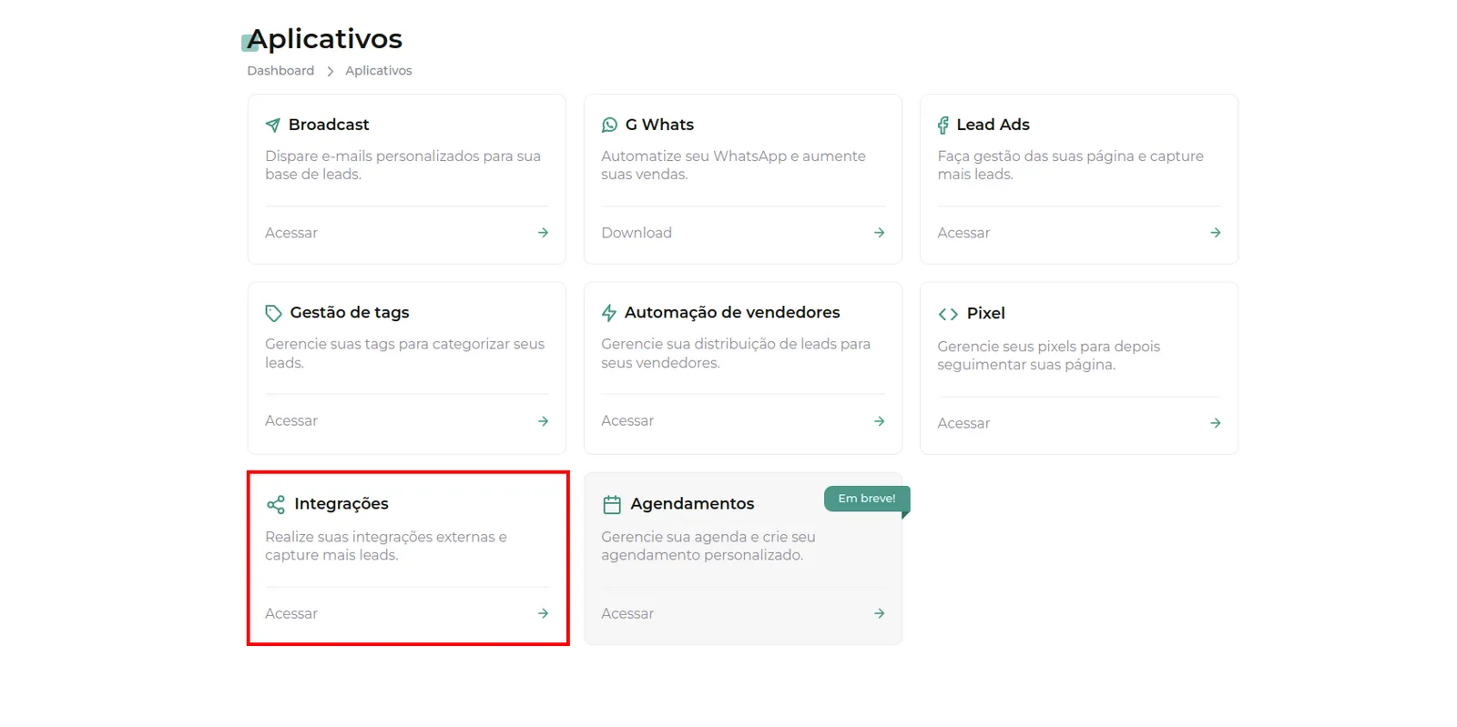 Tela do passo: Clique em Integrações
