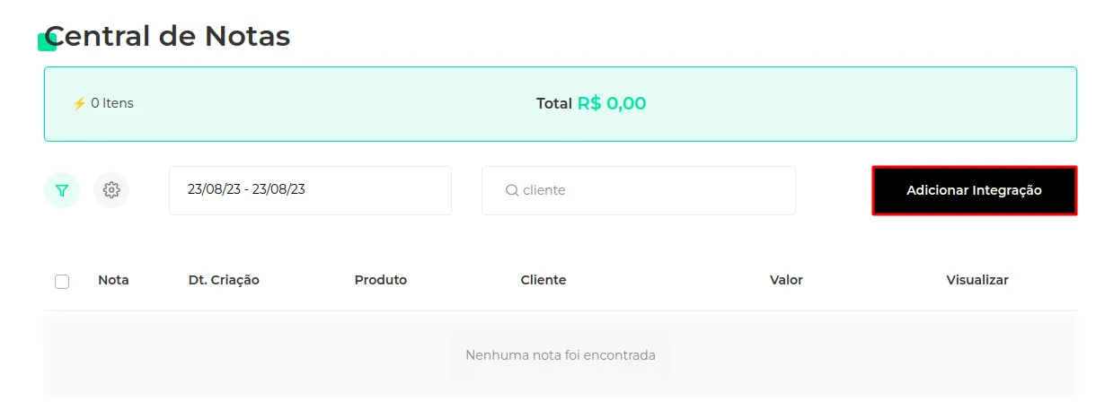 Central de Notas com o botão Adicionar Integração