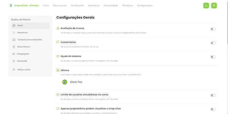 Gravação da tela de configurações habilitando o limite de usuários simultâneos