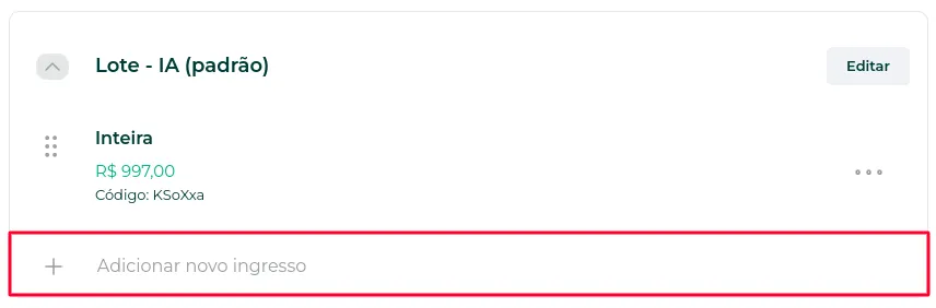 Opção Adicionar novo Ingresso