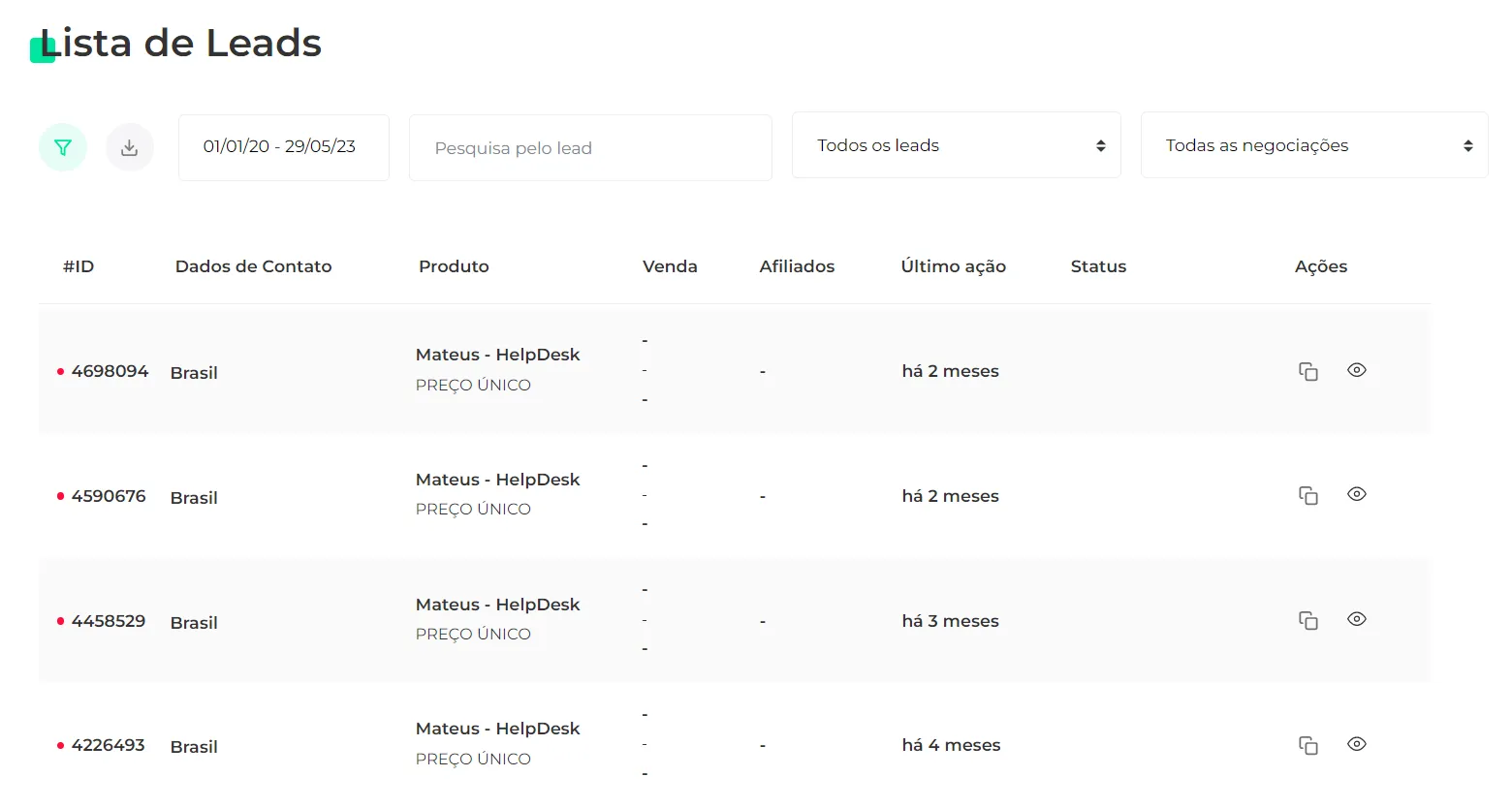 Lista de leads do produto