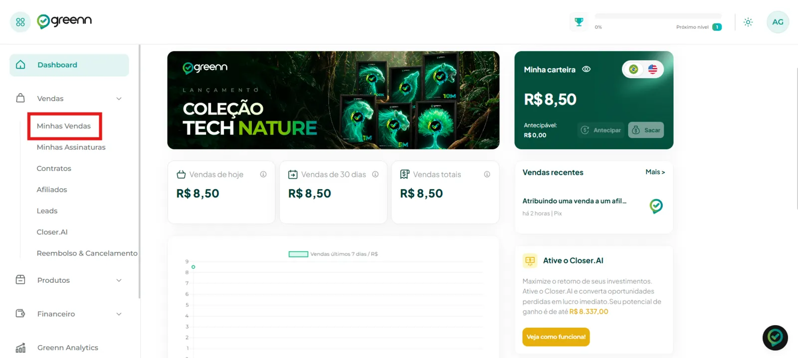 Menu Vendas com a opção Minhas vendas