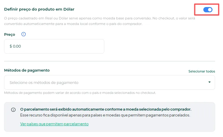 Opção para habilitar o pagamento internacional na oferta