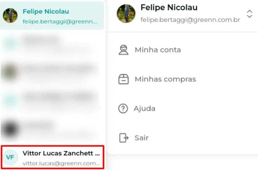 Lista de contas disponíveis para o sub-usuário