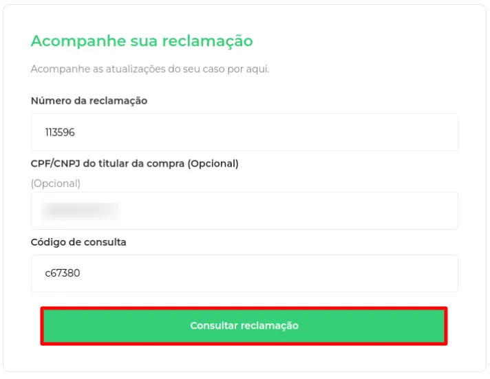 Campo do código de consulta e botão Consultar Reclamação
