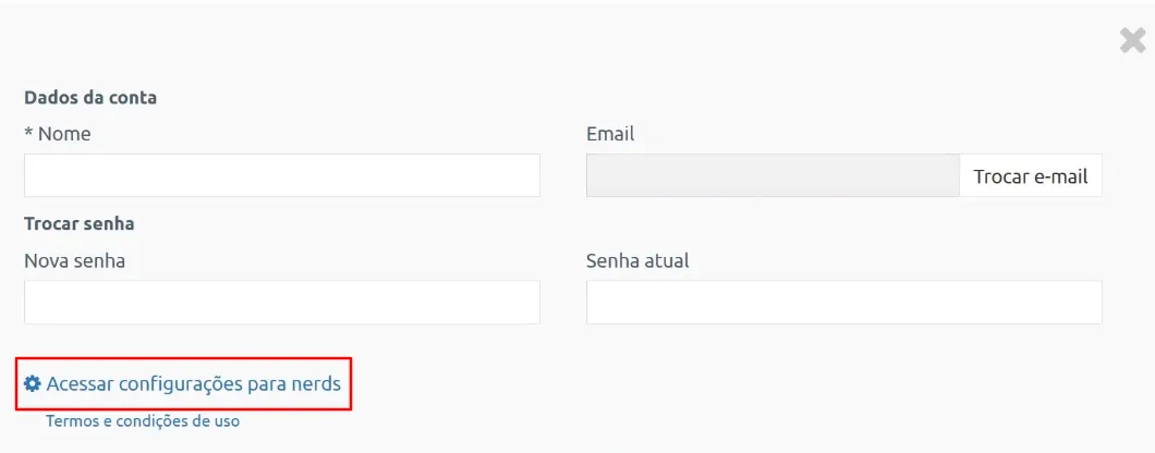 Opção Configurações para Nerds