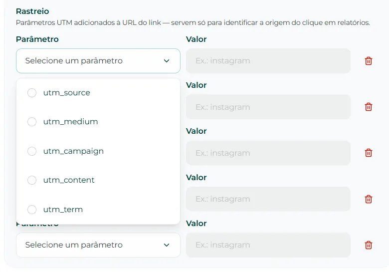 Campos de parâmetros UTM da oferta