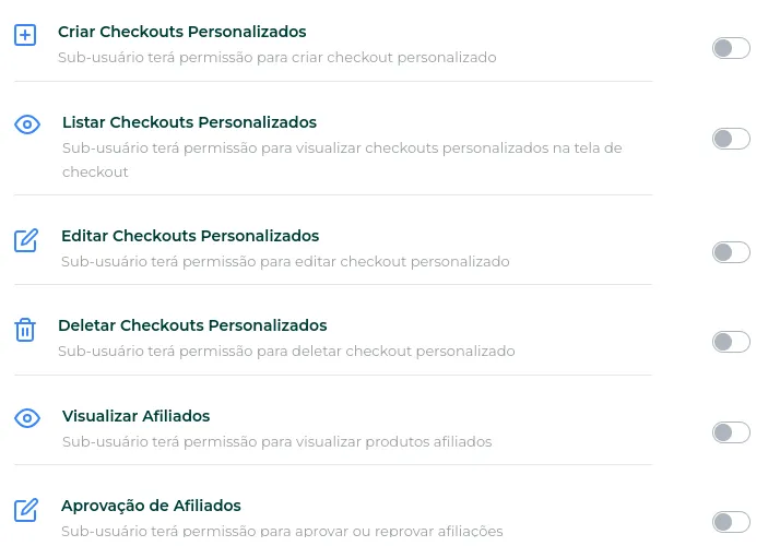 Lista de permissões disponíveis para sub-usuários, parte 6