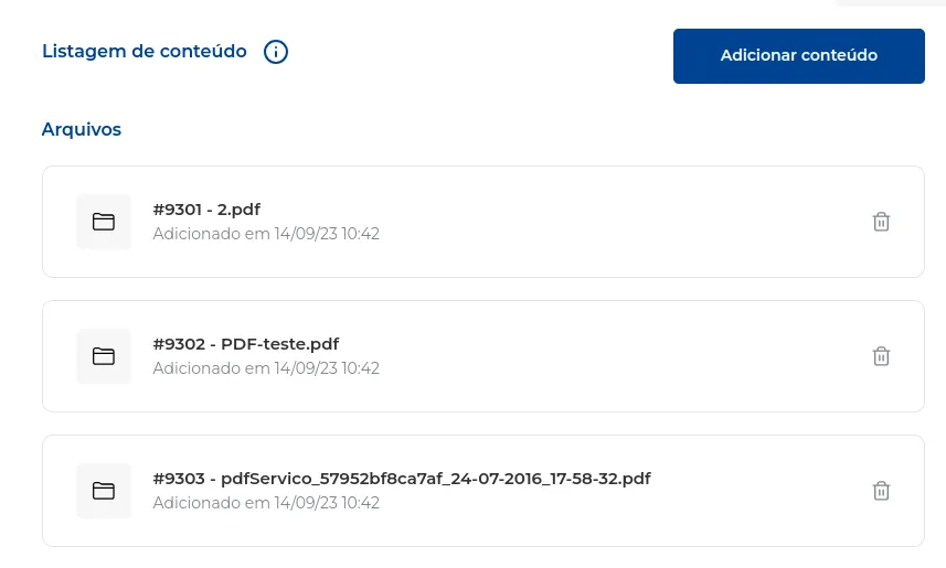 Arquivos adicionados ao conteúdo do produto