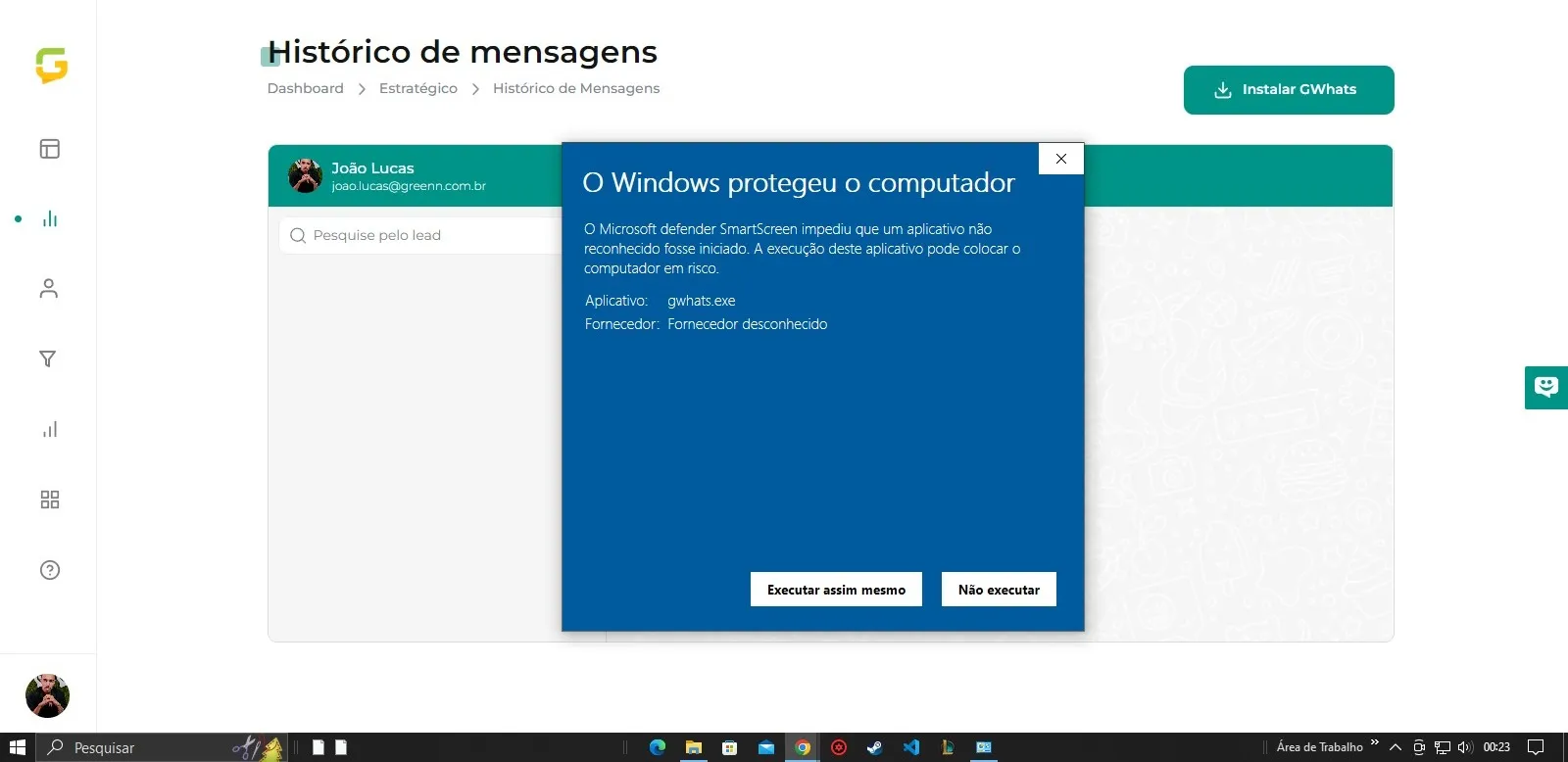 Tela da Greenn Sales: Agora basta permitir a instalação, clique em Mais informações e Executar assim mesmo