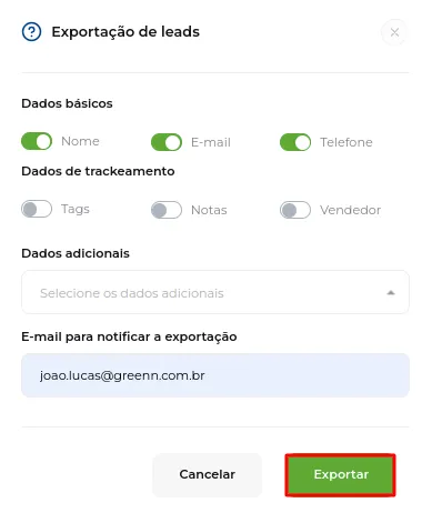 Tela do passo: Após adicionar os dados necessários basta clicar em Exportar