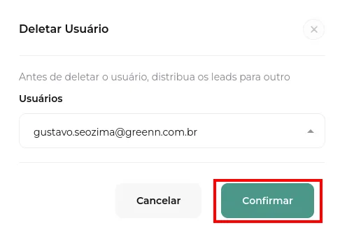 Tela para escolher o usuário que receberá os leads e confirmar