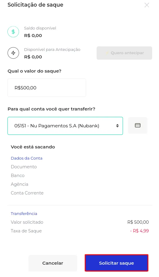 Botão Solicitar Saque na tela de confirmação