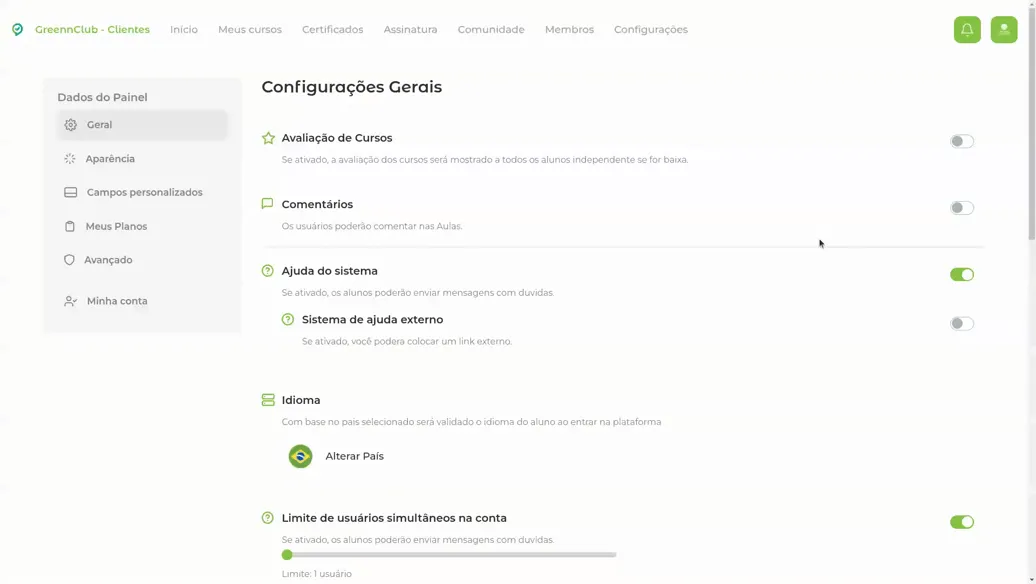 Gravação mostrando a opção Porcentagem de Conclusão da Aula