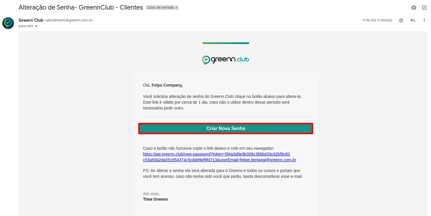 E-mail de acesso recebido pelo cliente