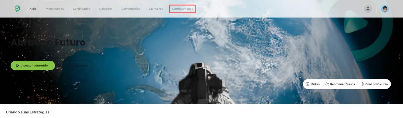 Menu com Configurações