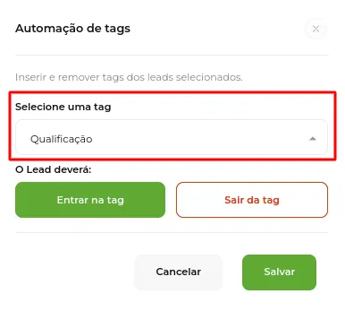 Tela do passo: Nesse local selecione a Tag que será Adicionada ou Removida