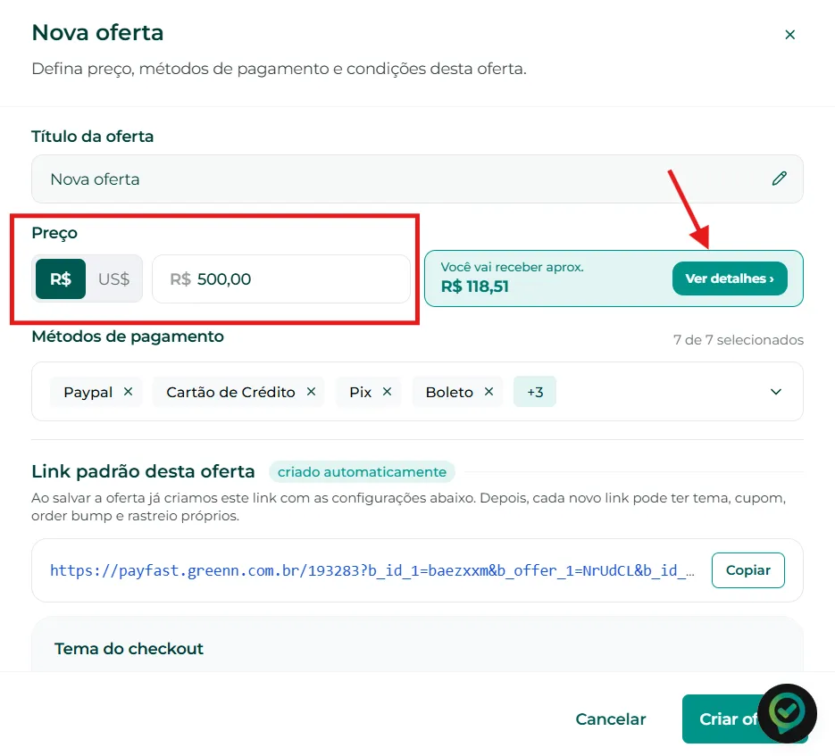 Campo de valor da oferta com o botão ver detalhes