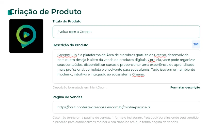 Produto com as informações iniciais preenchidas