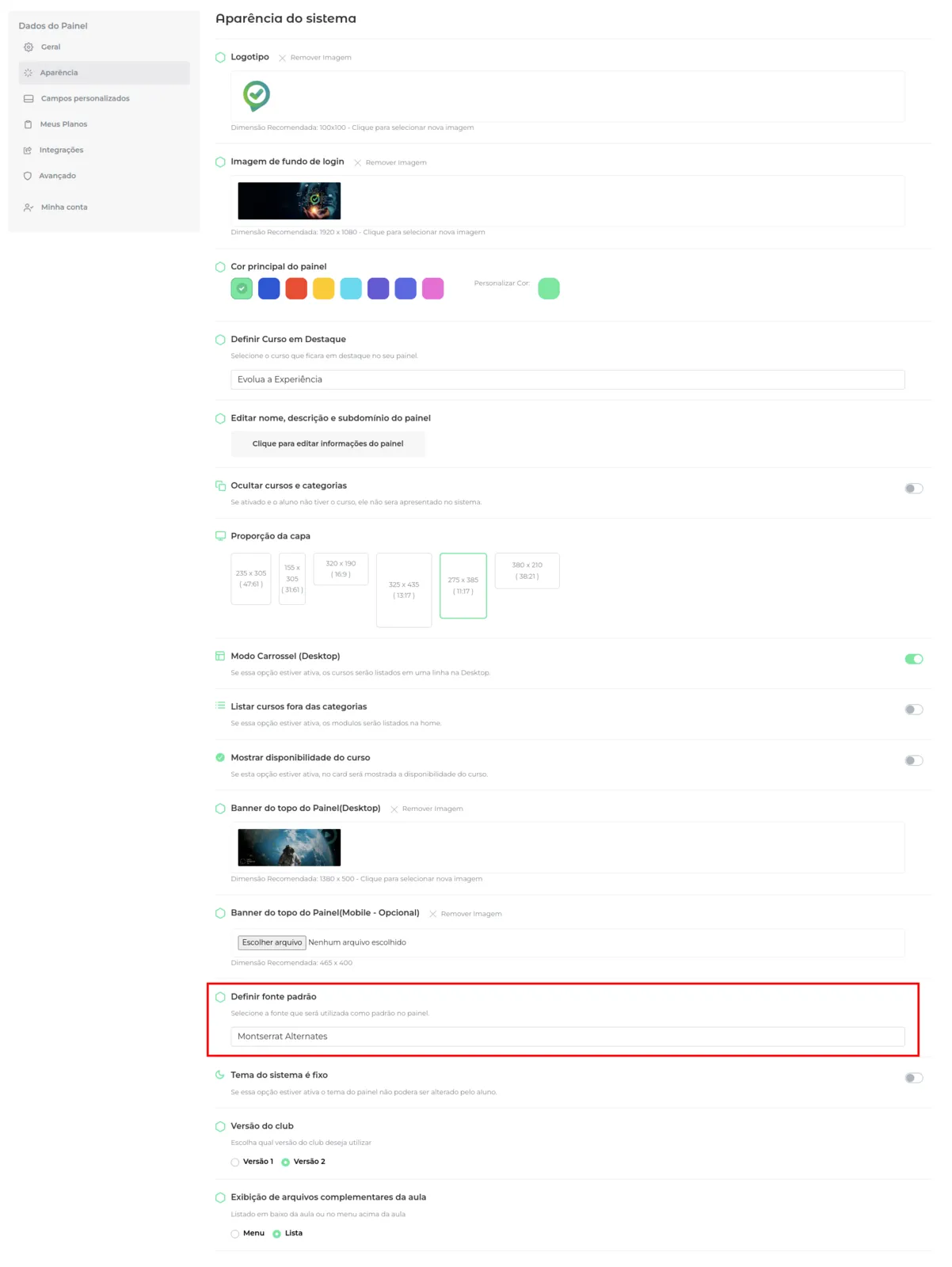 Opção Definir fonte padrão