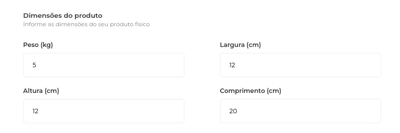 Campos de peso e dimensões do produto