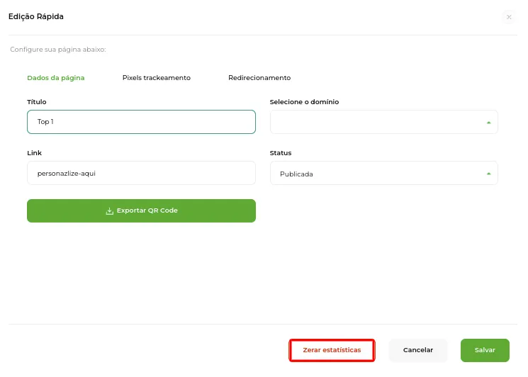 Tela da Greenn Sales: Nesse local selecione Zerar as estatísticas e confirme